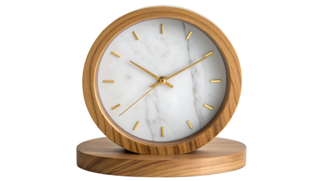 Oval wooden desk clock with white face isolated on transparent background