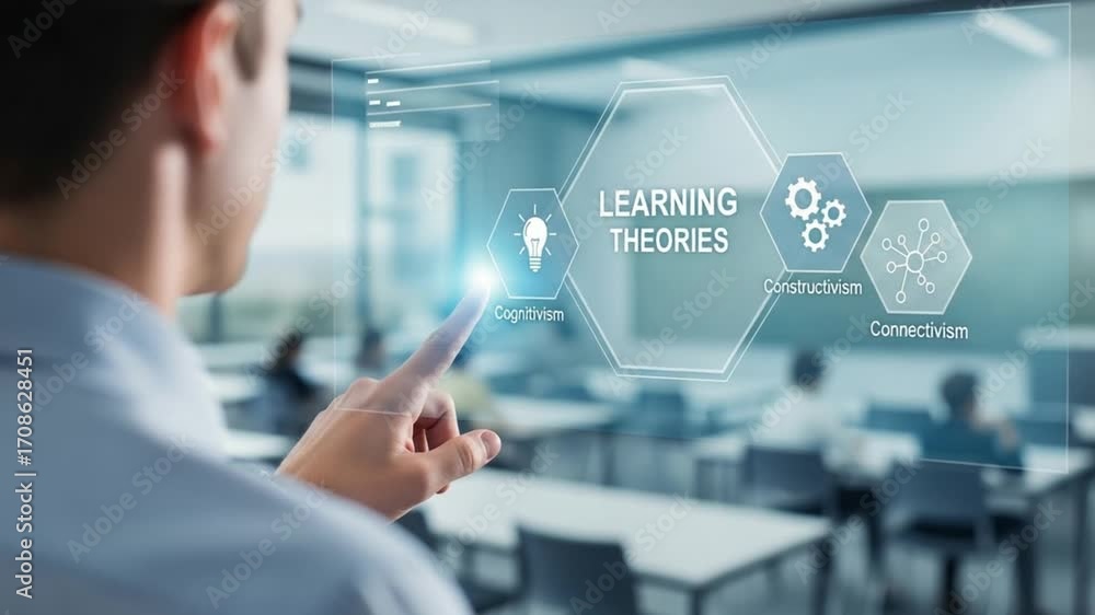 Poster man interacting with a digital display showing learning theories in a classroom setting view from be