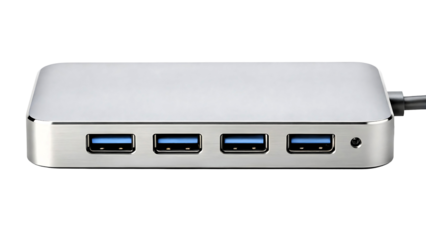 Silver usb hub with four ports isolated on transparent background