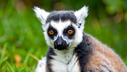 Obraz premium Close-up of lemur, black-and-white markings, intense orange eyes