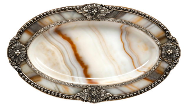Antique ornate silver and agate serving platter isolated on transparent background