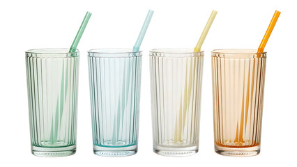 Four tall ribbed glasses with straws isolated on transparent background