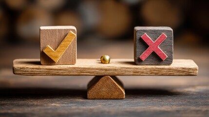 Elegant photo of wooden scale with positive check mark, negative cross mark. Concept represents making right decision, comparing pros cons, evaluation. Weighing good bad.