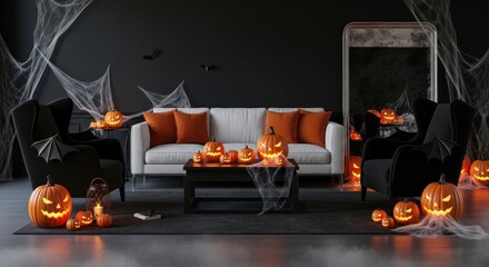 Spooky halloween living room with glowing pumpkins and spider web decor