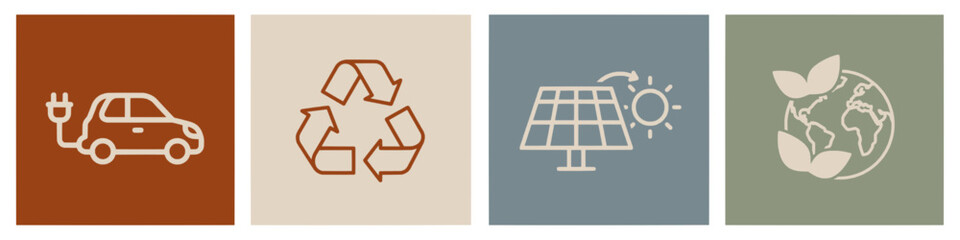 Modern Vector Icon Set Representing Environmental Sustainability, Green Energy Solutions, Electric Transport, Recycling, and Global Ecological Awareness