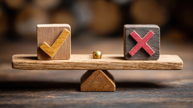 Elegant photo of wooden scale with positive check mark, negative cross mark. Concept represents making right decision, comparing pros cons, evaluation. Weighing good bad.