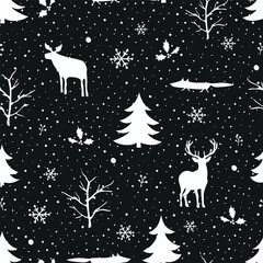 Winter Forest Seamless Pattern. Christmas Print. Winter Woods with Wild Animals, Trees, Snowflakes, Leaves, Berries. White Silhouettes. Template. Vector Illustration on Black Background