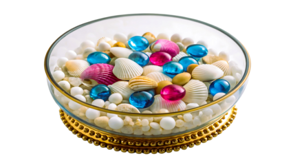 Glass sphere filled with seashells and colorful gems isolated on transparent background