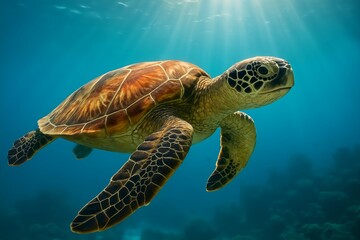 Sea Turtle Swimming Underwater in Sunlit Ocean