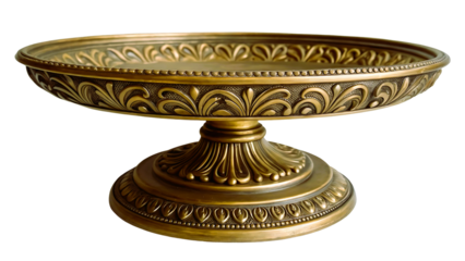 Ornate antique brass pedestal bowl isolated on transparent background