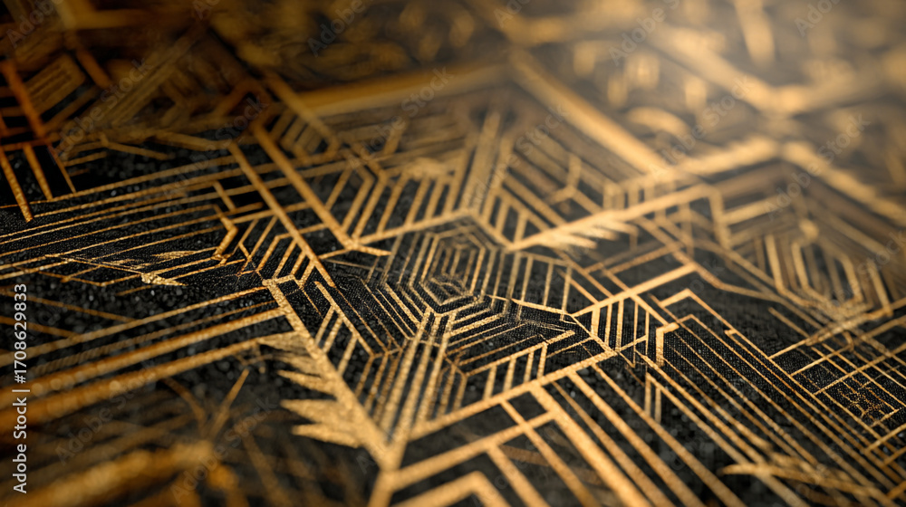 Poster a close up of a golden art deco pattern on a dark textured background surface