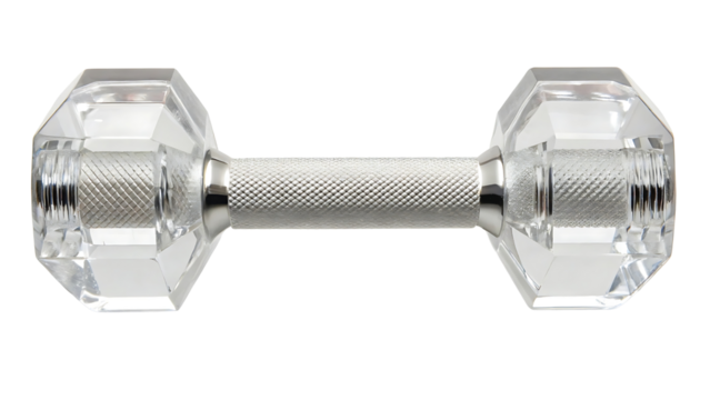 Clear faceted glass dumbbell isolated on transparent background