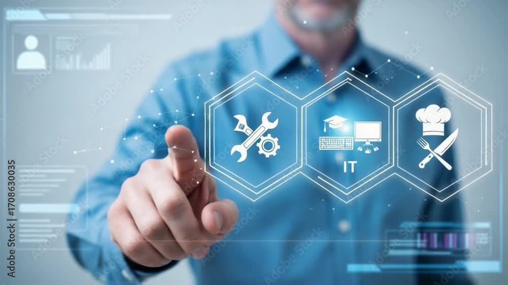 Poster man in blue shirt touching digital interface with wrench computer and chef hat icons displayed