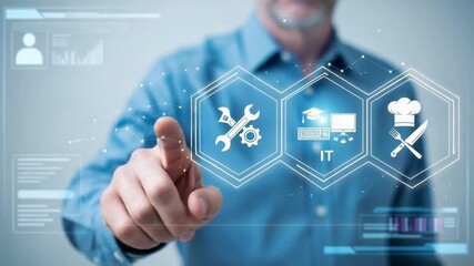 Man in blue shirt touching digital interface with wrench computer and chef hat icons displayed - Powered by Adobe