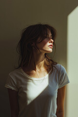 Obraz premium A woman standing in front of a window with her hair blowing in the wind