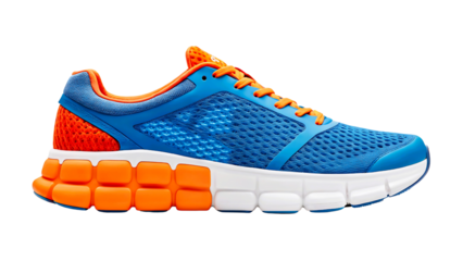 Bright blue and orange athletic shoe isolated on transparent background