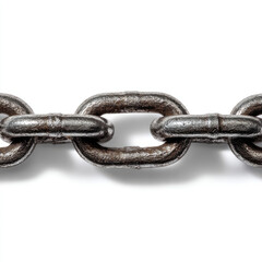 Obraz premium A close-up of a metal chain links against a white background. The chain's links are dark gray with subtle surface markings
