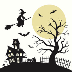 Halloween Silhouette Clipart Set — Spooky Vector Elements with Haunted House, Witch, and Full Moon