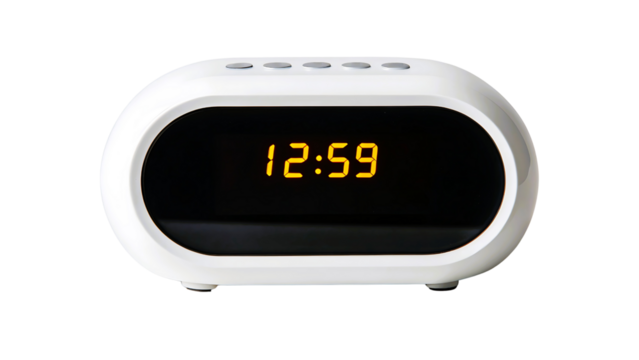 White digital alarm clock showing 12 59 isolated on transparent background