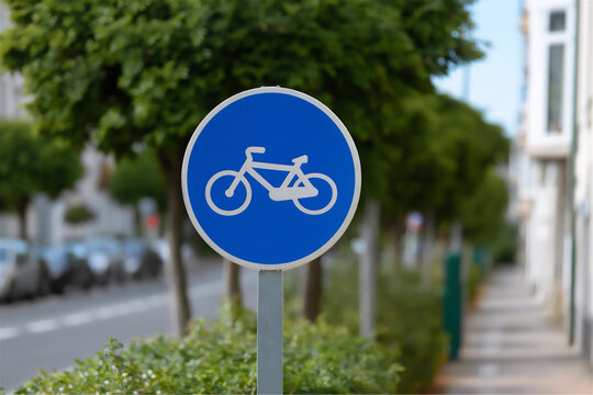 Se&ntilde;al vertical azul de carril bici en acera urbana con vegetaci&oacute;n y edificios al fondo