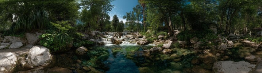 Serene waterfall adventure in nature hdr panoramic landscape lush environment peaceful viewpoint