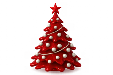 Red christmas tree with white ornaments on transparent background