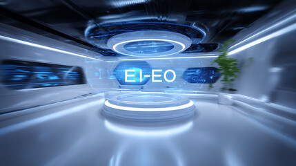 Futuristic interior with illuminated platform and digital display showing 'EI-EO' in a high-tech environment