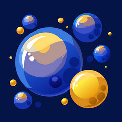 Luminous Blue and Golden Bubbles Floating on a Deep Dark Background, Ai Generated