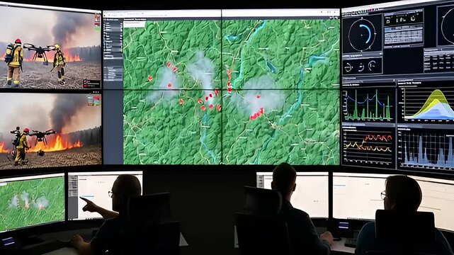 Firefighters monitoring wildfires using advanced technology in a command center with detailed maps