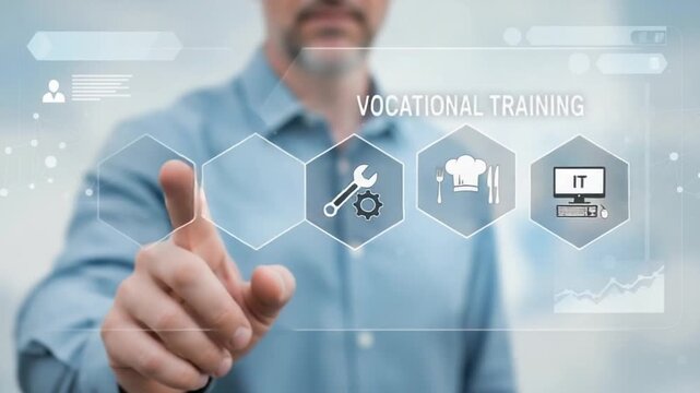 Man points at vocational training icons for mechanics chef it and construction on a digital interface