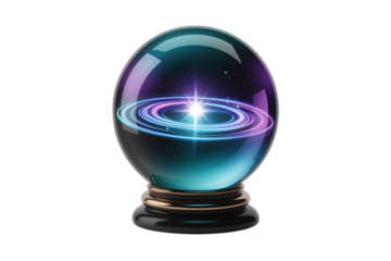 Mystical crystal ball reveals swirling galaxy with bright star, hinting at future possibilities and cosmic wonder.