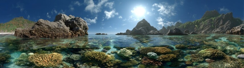 Obraz premium Vibrant coral reef exploration tropical island hdr panoramic view underwater environment aerial perspective