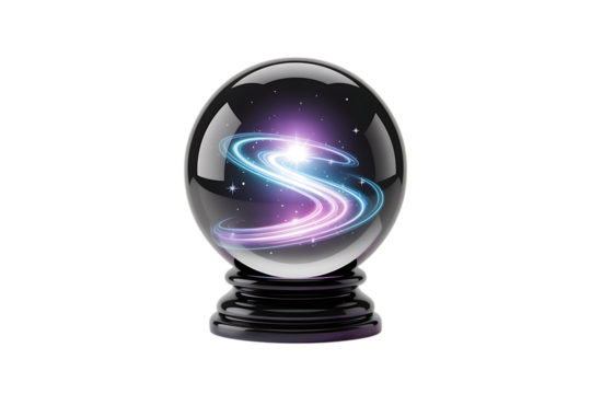 Mystical crystal ball reveals vibrant galaxy swirls and distant stars, hinting at future possibilities