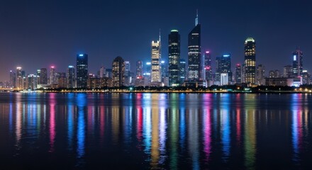 Fototapeta premium Night cityscape skyline reflected in a calm river