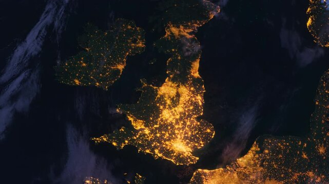 England Zoom In. View from Space Orbit. UK and Planet Earth at Night. Night Globe