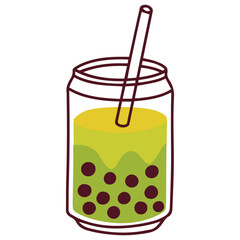 Refreshing green bubble tea drink in glass mug with straw. Tasty sweet beverage with tapioca pearls for summer design and cafe menu.