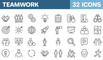 Teamwork Icon Set – 32 Line Icons for Business, Collaboration, and Communication