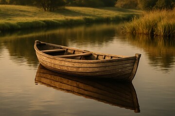 Obraz premium Vintage Wooden Rowboat Floating on Calm River at Sunrise