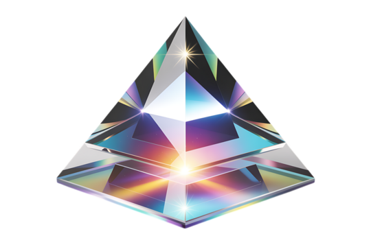 Stunning crystal pyramid refracts vibrant light with dazzling geometric facets and ethereal glow