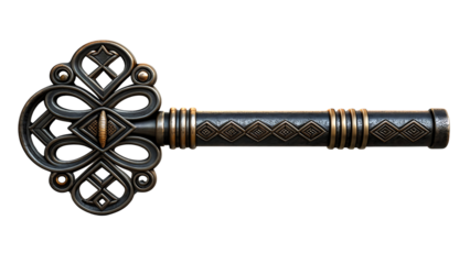 Ornate antique key with intricate details isolated on transparent background
