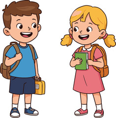 Happy school children talking, smiling boy and girl with backpacks, holding books and lunchbox, elementary students back to school