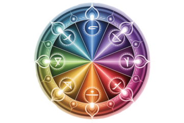 Vibrant chakra wheel with ancient symbols emanating spiritual energy for holistic wellness and meditation
