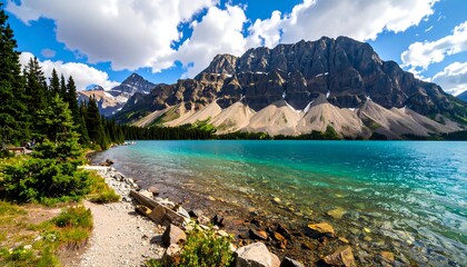 Scenic lake with mountains in the background and trees on the side under clouds