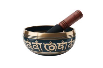 Serene Tibetan singing bowl with ornate golden script, perfect for meditation and mindfulness.