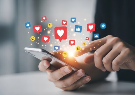 Person using a smartphone with social media icons and likes floating around, symbolizing online engagement and digital interaction - Powered by Adobe