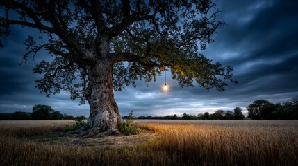 Fototapeta premium A solitary, ancient oak tree with an illuminated light bulb hanging from one of its branches stands in a vast, golden wheat field at dusk, with dramatic, cloudy skies overhead.