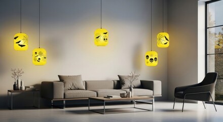 Halloween themed lanterns illuminate a modern living room interior design