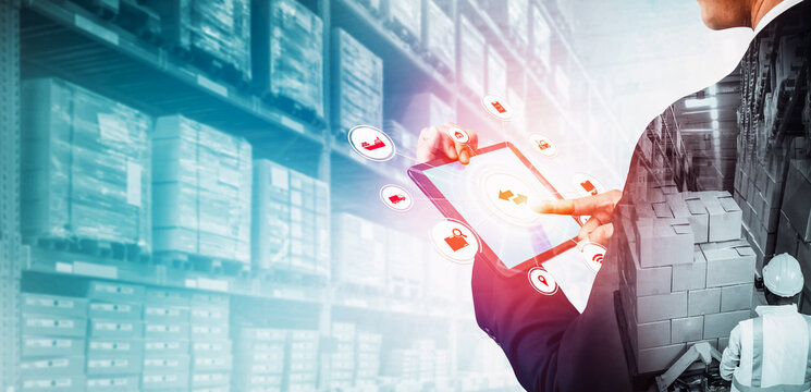 Smart warehouse management system with innovative internet of things technology to identify package picking and delivery . Future concept of supply chain and logistic network business . - Powered by Adobe