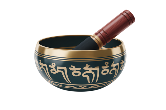 Serene Tibetan singing bowl with ornate gold script, creating peaceful meditation and mindfulness experiences.