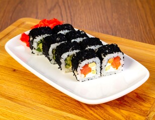 Sushi rolls, various fillings, black sesame